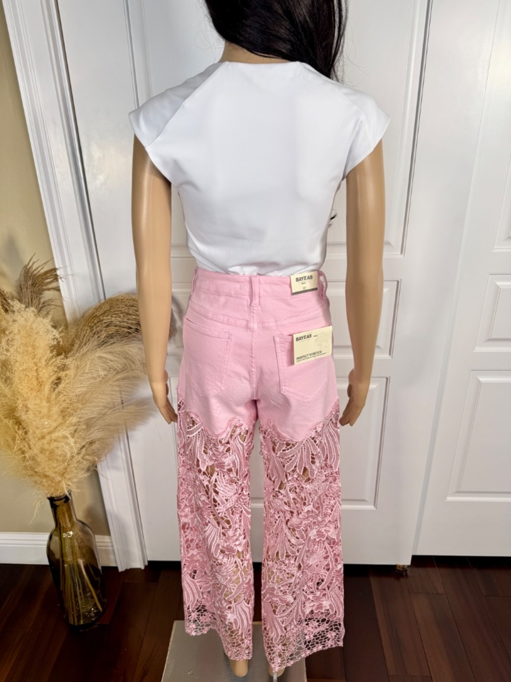 PINK HIGH WAIST CRYSTAL EMBELLISHED CURVE HUGGING WIDE LEG LACE JEANS - Picture 8 of 15